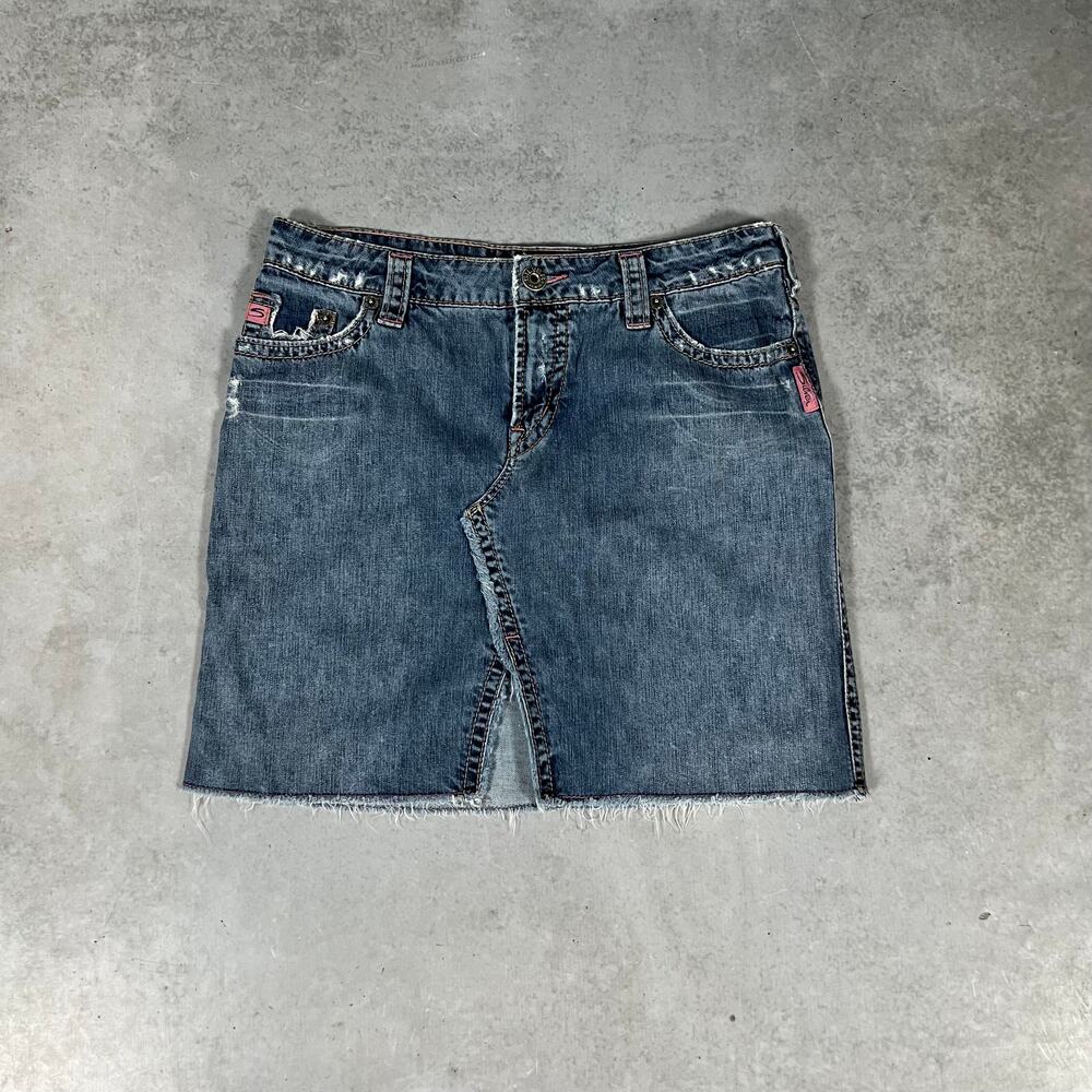 Silver Jeans Denim Skirt Devah Size 29 Split Front Raw Hem Pink Stit